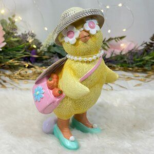 Easter Spring Yellow Chicks Wearing Sunglasses Pearl Necklace Purse Figurine 8"